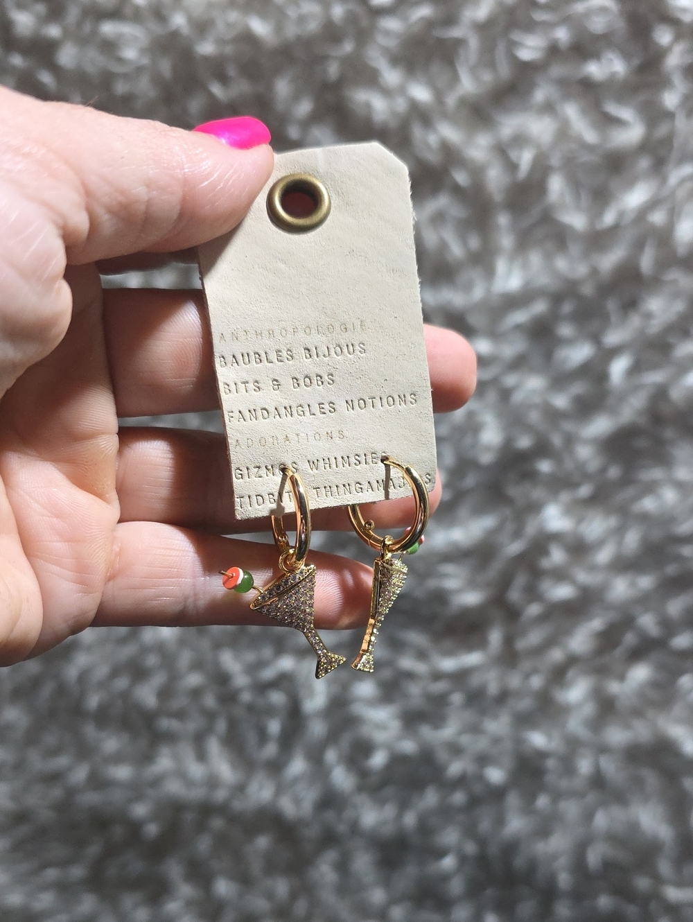 Anthropologie Gold Hoop Earrings with Martini Glass Charms and Pink Olive